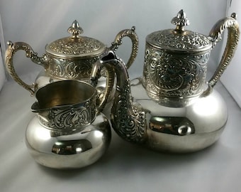 Antique Imperial Silverware Tea Set, Triple Plated Silver Teapot, Creamer, And Sugar Bowl