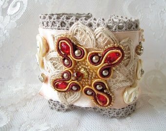 Cuff bracelet Beaded bracelet Ivory bracelet Lace bracelet Ribbon bracelet Shabby bracelet Sister Gift for her Shabby wedding Wide bracelet