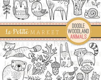 Doodle Woodland Animal Clipart Set, Woodland Creatures Clip Art, Hand Drawn Forest Animals Clip Art Illustration Set