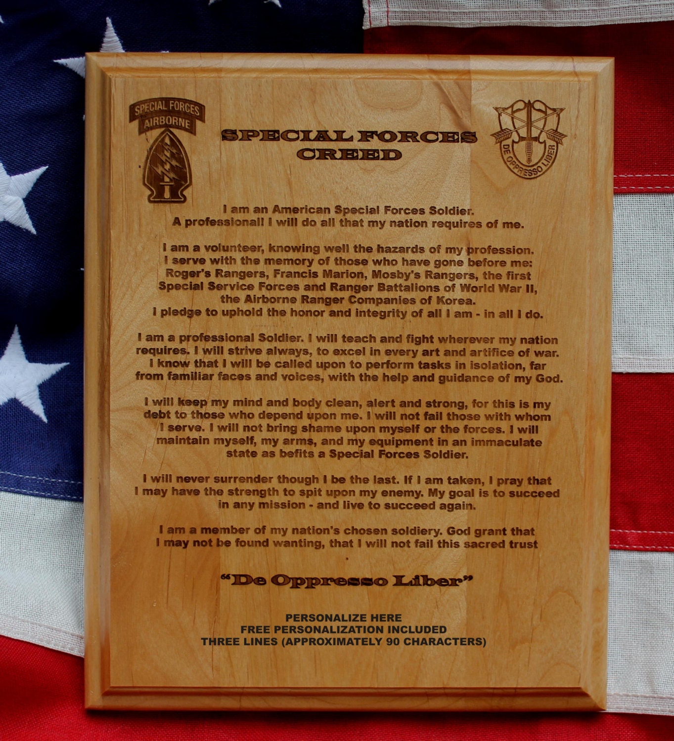 Personalized Special Forces Creed Plaque Three lines of