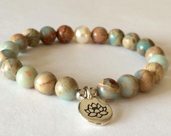 Lotus Bracelet, Aqua Terra Jasper, Beaded Bracelets, Gemstones, Yoga Bracelet, Mala Beads, Boho, Bohemian, Hipster, Women Bracelets, Jewelry