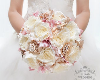 Bridal Bouquet Brooch Bouquet Vintage Wedding Bouquet Ivory Bouquet Pink Bouquet Ivory Gold Bouquet Bridal Belt Wedding Card Fabric Bouquet