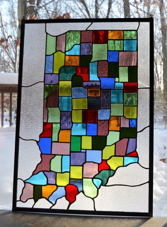 Stained glass panel Indiana counties map Hoosier state 17 x