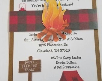 Camping Theme Birthday Invitations, Backyard bonfire Invitations, buffalo plaid invitations
