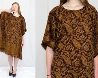 Vintage 70s Plum Gold TAPESTRY Floral Paisley Retro CAFTAN Fringe Mini Dress OS