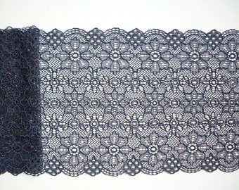 Navy stretch lace, floral lace trim, lingerie lace, scalloped lace, elastic lace, table runner lace, 17.5 cm, 7'' wide, by the half metre