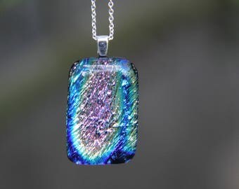 Pale pink and blue dichroic pendant, dichroic glass necklace, pink dichroic neclace, fused glass necklace, fused glass pendant, pink blue