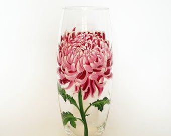 Anniversary Gift for Women Hand Painted Glass Vase Room Decor Idea Gift for Her Table Centerpiece Handpainted Chrysanthemum Flower Vase