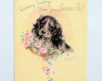 Unsigned Unused Vintage Rust Craft Secret Pal Birthday Card with Spaniel Dog and Flowers by Artist Marjorie Cooper 1947