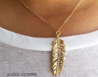 Gold Feather & Pave Crystal Necklace