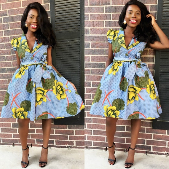 African ankara women dress knee length Ankara print with sides