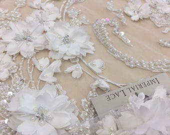 off White beaded lace fabric, pearl and sequins , emroidered white soft lace fabric, B00170