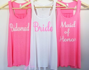 Pink Bachelorette Party Shirts,Bride, Bridesmaid, Maid of Honor, Front Text Only Completely customized, RacerbackNeck Listing