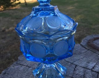 Vintage Blue Glass Candy Dish, Pedestal Dish, Fostoria, Coin Glass, Décor, Gift