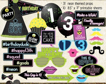 Photo Booth Props, HAPPY 13TH BIRTHDAY, boy, teen birthday party, glow, neon, black light, printable sheets, instant download, diy