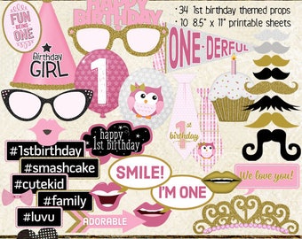 Photo Booth Props, HAPPY 1ST BIRTHDAY, girl, pink, gold, printable sheets, instant download, diy, 1st birthday party