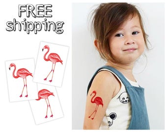 Set of 3 tatts "Pink flamingo". Watercolor hand painted design. Tropic summer themed kids temporary tattoos. TT117