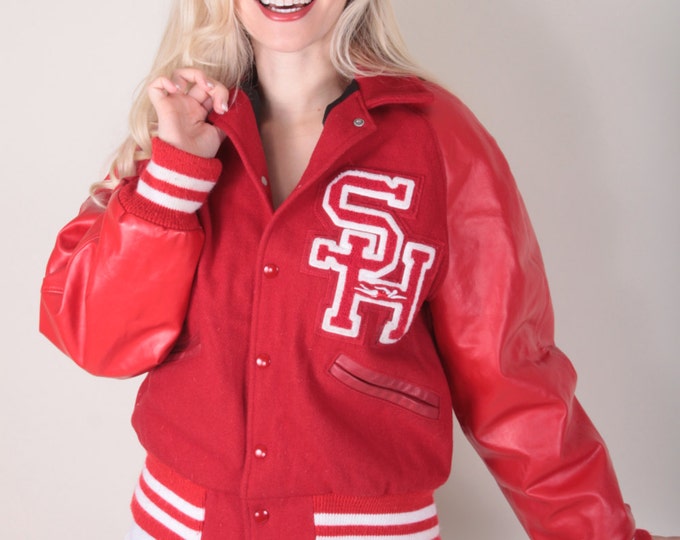 White Aesthetic Vintage Varsity Letterman Jacket Red And