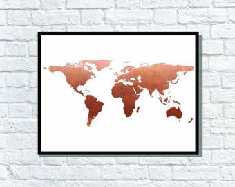 Copper Foil Metallic copper world map atlas poster typography print art home