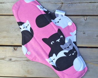 Pink 11 inch cloth pad with cute cats print - organic cotton overnight cloth pad - bamboo cloth pad - mama pad - cloth menstrual pad - rumps