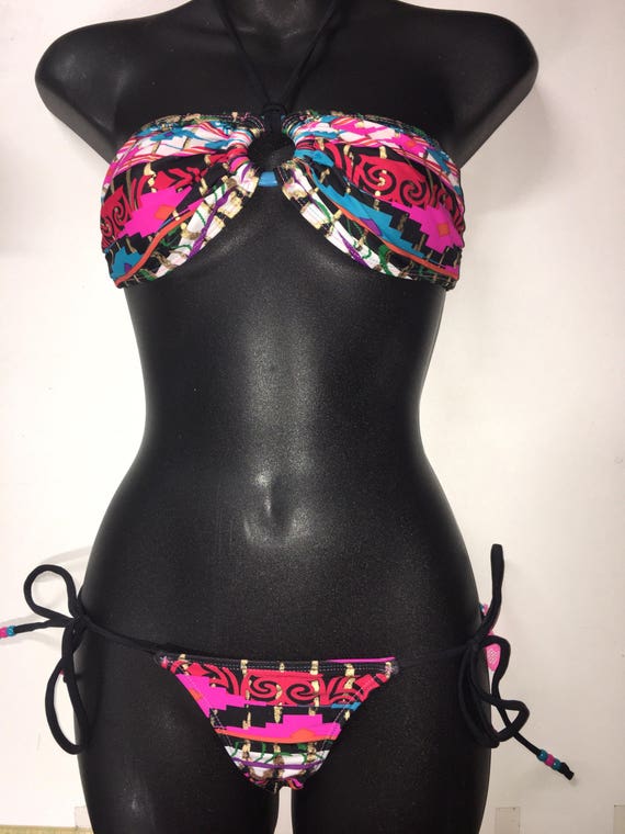 LIMITED edition *** MissManeater AZTEC ring front bandeau bikini top with our lace frill tie side boutique bikini pant ***SUPER low rise!