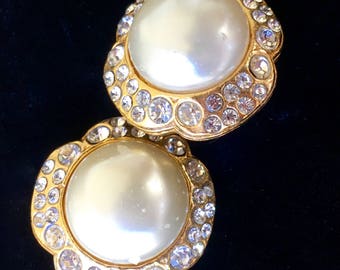 Vintage 1970’s CHANEL Earrings! Pearl Pave Crystal Camellia or Clover with rhinestones