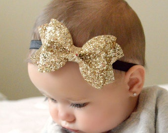 Gold Glitter Bow // 4 sizes // headband or clip // customizable elastic color