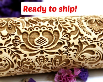 FLOWERS Embossing Rolling Pin, Laser Engraved Rolling Pin, FLORAL FOLK Pattern, Embossed Dough Roller, Christmas Gift, Personalized 3