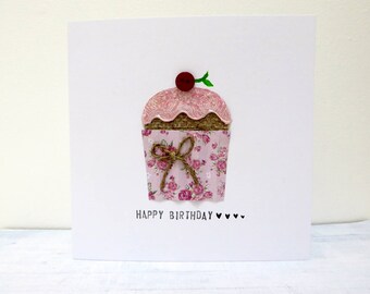 Cupcake Birthday Card, Handmade Personalised Card, Girls Birthday Card, best friend birthday, card for her, fabric cake card, cute card.