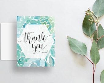 blue green aqua succulent watercolor thank you cards // folded thank you notes // brush lettering calligraphy // PRINTED cards // custom