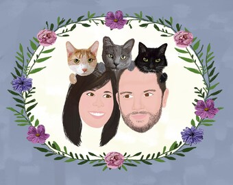Custom Family Portrait Illustration, Digital Download, Gift For Mother, Christmas Gift, Christmas Card, Housewarming Gift, Family Wall Decal