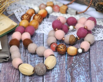 A set of bracelets and necklace Needle Felted Bead Necklace Statement Necklace Fabric Jewelry Handcrafted Necklace Felted Wool Necklace