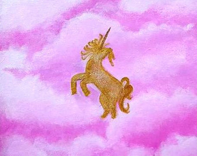 GOOD LUCK UNICORN - Golden Unicorn Limited edition- Sparkling Hand made, Reiki Charged, Pink clouds , Unique gift, Wall decor.
