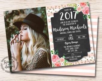 Floral Graduation Invitation | Pink, Gold, Black, Rustic Floral | Digital PDF Invite | Printable | Printable Invitations | DIY Invitations