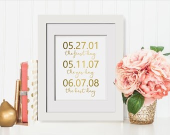 The First Day, The Yes Day, The Best Day Sign Custom Foil Print|The Love Story Of|Anniversary Gift|Framed Wedding Gift With Important Dates