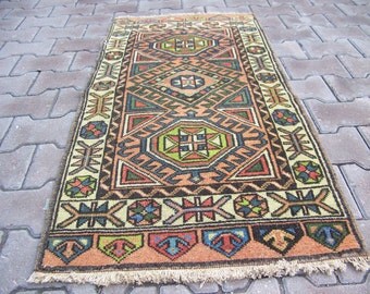 Traditional Multi-Colored Small Rectangle Turkish Rug, Decorative Rug, Entry Rug, Bedside Rug,Vintage Turkish Rug 1'9''x 4'1'' - 60 x 126 cm
