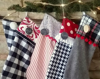 Christmas Stockings in Black, White, Grey & Red, Buffalo Check Christmas Stocking, Farmhouse Christmas, Sliced Wood Tag With Chalk Paint,