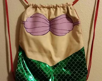 Ariel backpack, Little Mermaid cinch sac backpack, custom designed and hand crafted