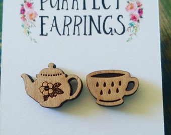Handmade laser cut tea pot and cup bamboo stud earrings
