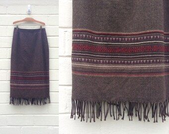Vintage brown Southwestern fringe skirt / blanket skirt / midi length