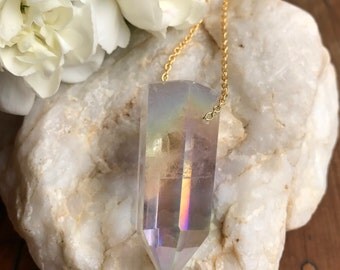 Celestial jewelry, Angel Aura Quartz necklace, Raw Crystal, Large Quartz, terminated quartz, 18k gold filled Jewelry,Raw gemstone necklace