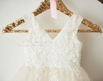 V Back Ivory Beaded Lace Champagne Tulle Flower Girl Dress Wedding Junior Bridesmaid Dress M0060