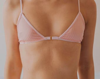 Dahlia Bralette Handmade Pink Mesh Stripe Lace Bra Front Closing from Isadore Intimates London