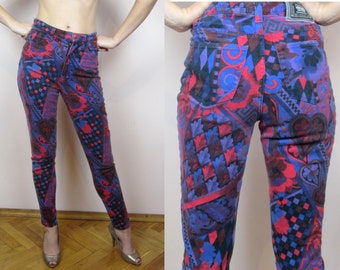 vintage 90's VERSACE JEANS Couture Harlequin floral print high waist jeans S M
