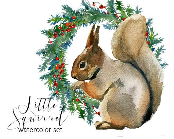 Squirrel Christmas Watercolor Clipart Fur Trees PNG 