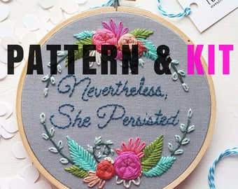 Hand Embroidery KIT: Nevertheless She Persisted, Beginner Needlepoint Design, Modern Embroidery Pattern with Video, Woven Roses Tutorial