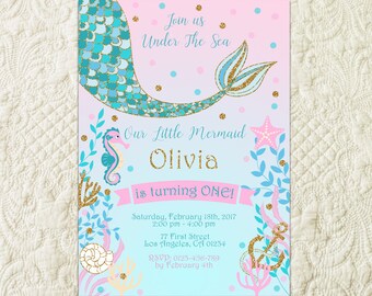 Mermaid Birthday Invitation, Mermaid Party Invite, Under The Sea Birthday Party Invitation, Mermaid Theme Invitation, Glitter Mermaid Invite