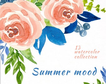 Summer mood - Hand Painted Watercolor floral clipart - Isolated elements - Flourish, rose, berry, flowers, boho, wedding, country, leaves