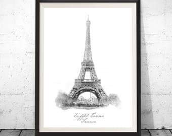 Eiffel Tower Print, Paris Wall Decor, Paris Photo Black and White, Paris Black Print, Black Print, Printable architectural drawing, Travel