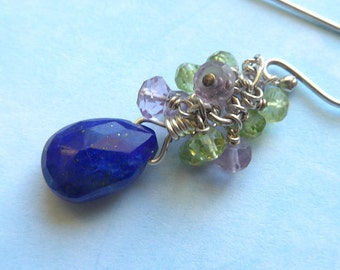Lapis Earrings, Lapis Drop Earrings, Lapis Dangle Earrings, Lapis Amethyst and Peridot Earrings, Lapis Chain Earrings, Amethyst Earrings